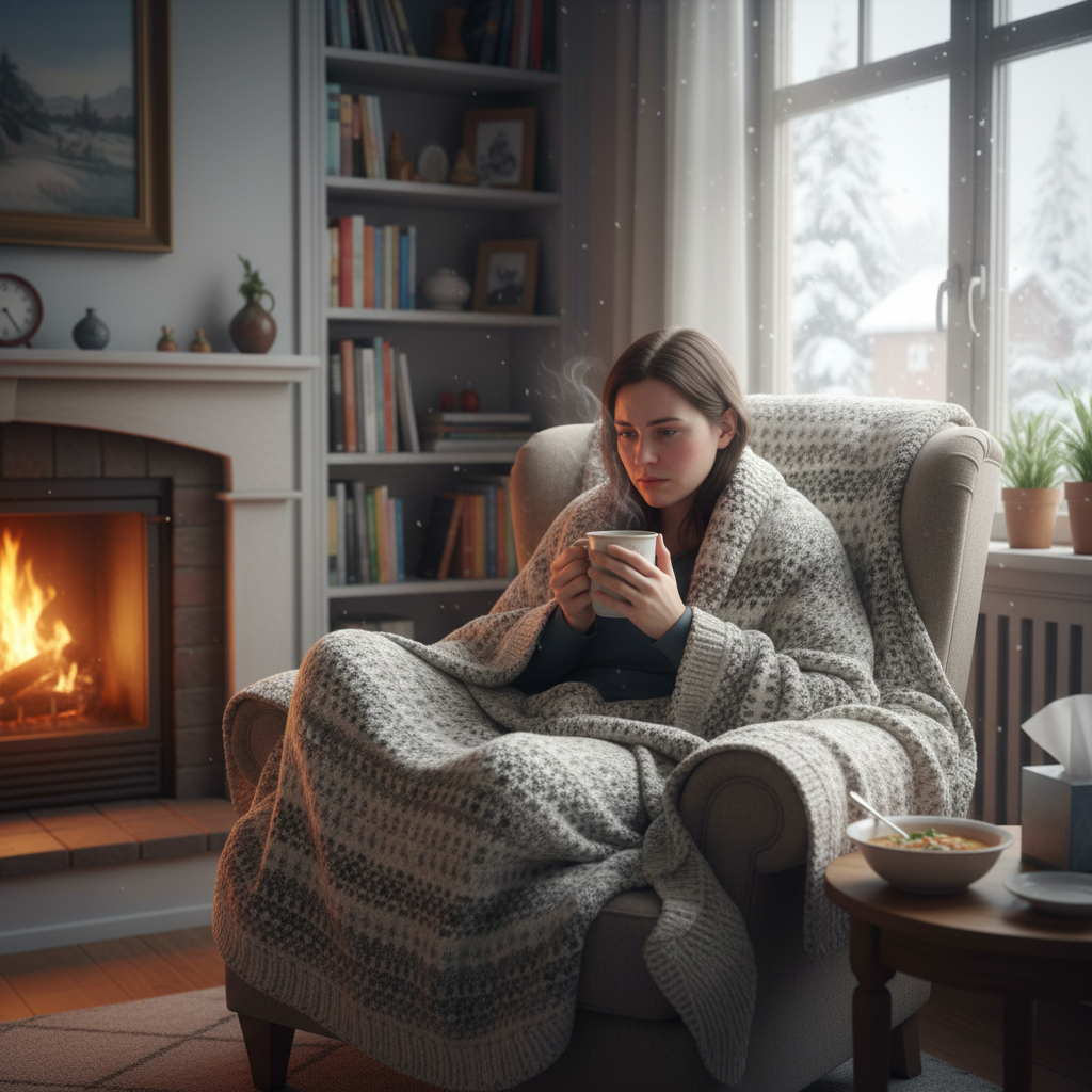 Person feeling ill in winter